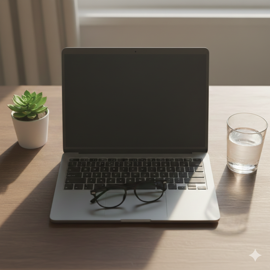 A laptop and glasses on a clean wooden desk, symbolizing a transparent and privacy-focused approach to digital marketing in 2026.
