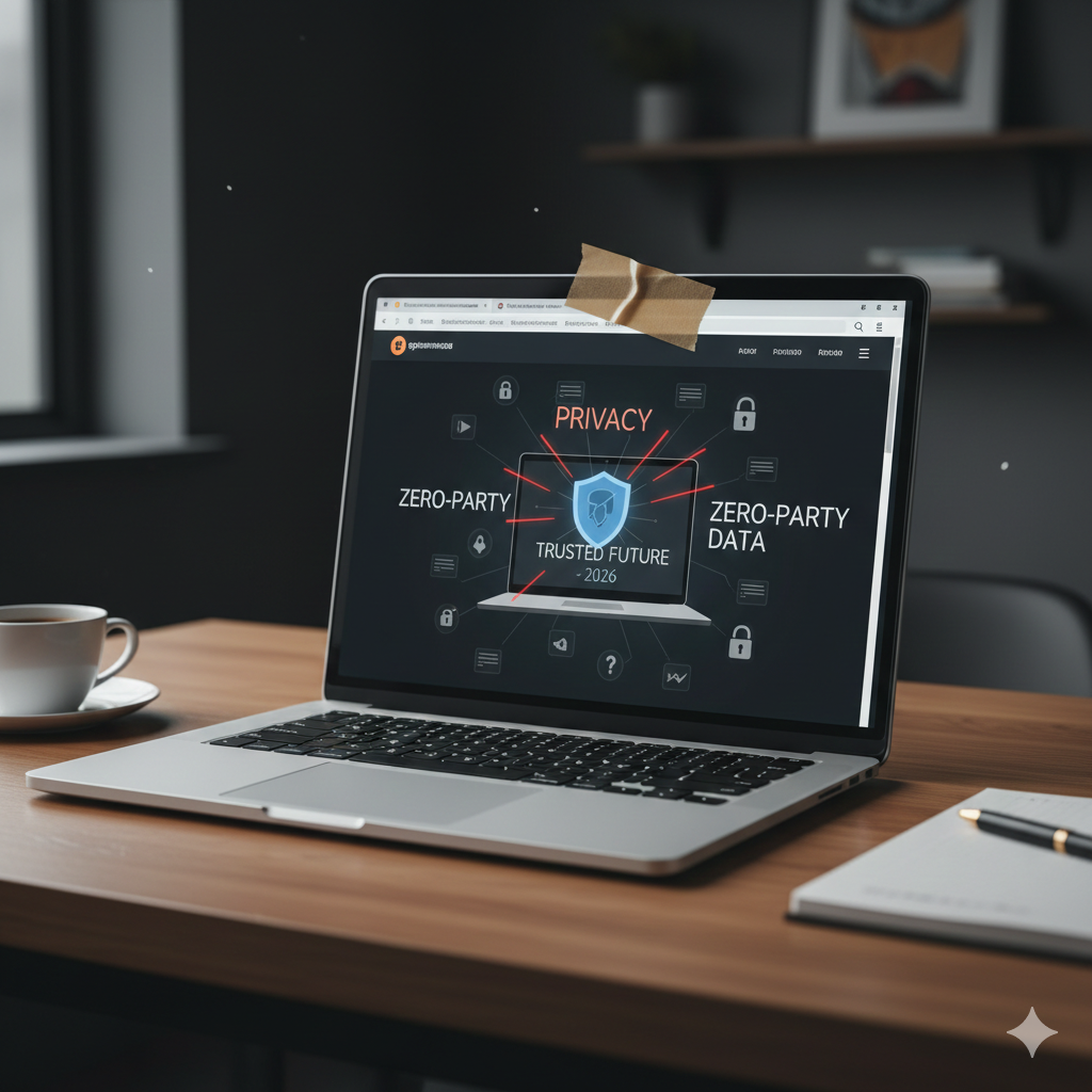 Laptop on a modern desk showing Zero-party data and privacy shield concept for 2026.