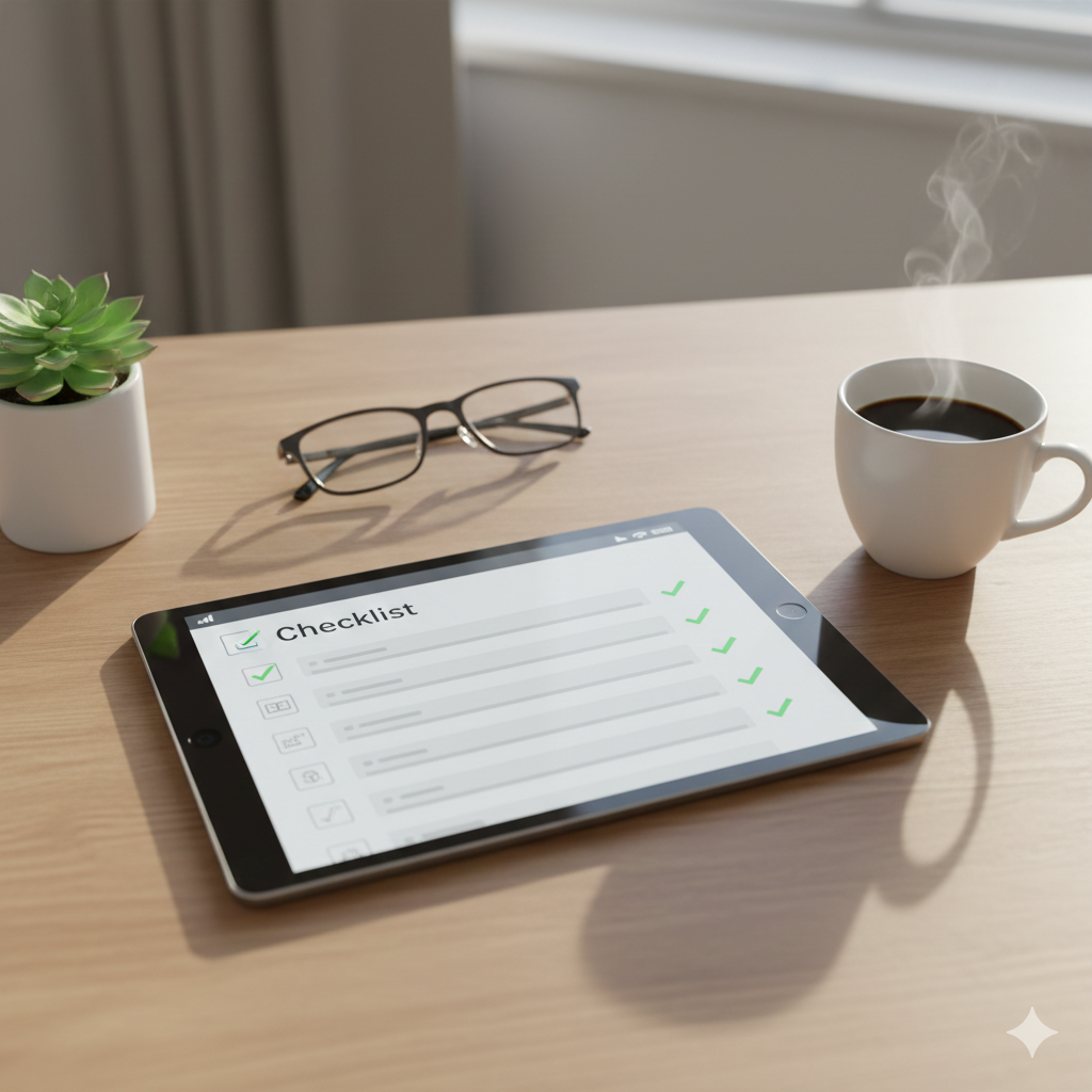 A digital marketing software checklist displayed on a tablet screen on a wooden desk with coffee.