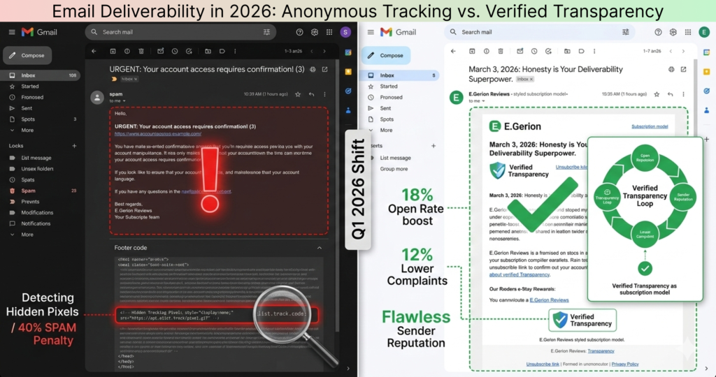 Email deliverability comparison 2026 showing hidden tracking spam detection versus verified transparency with higher open rates and lower complaints