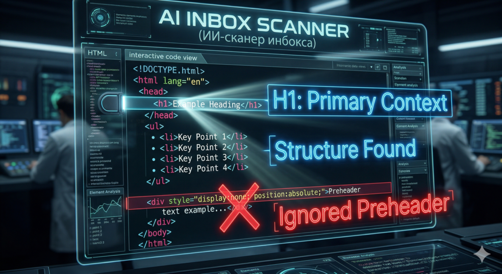 A glowing AI core processing email HTML code to generate AI email summaries instead of preheaders