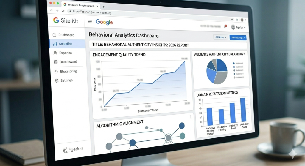 Google Site Kit dashboard interface showing behavioral authenticity insights and engagement quality trends for 2026 email marketing analysis.