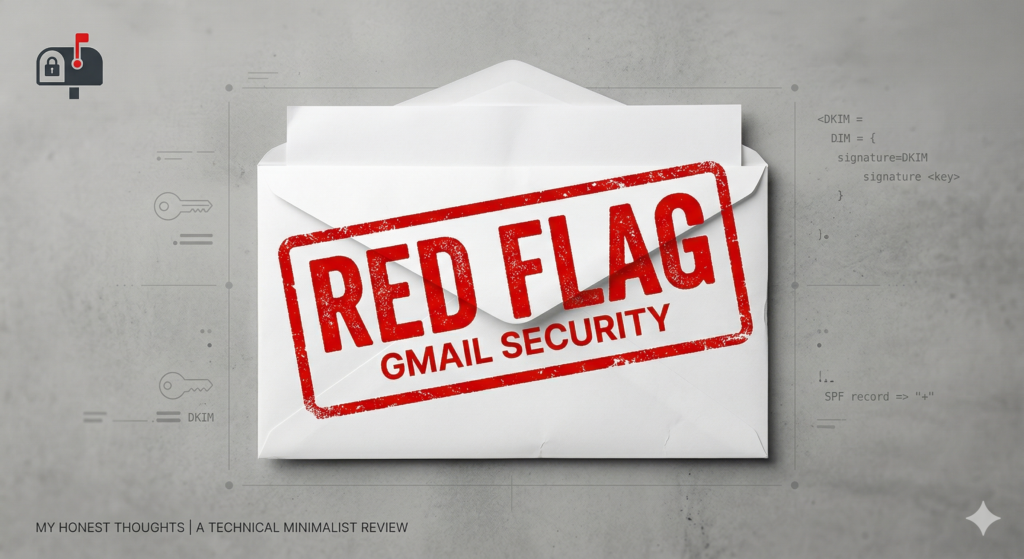 Gmail security red flag stamp on an envelope representing email delivery failure and authentication issues