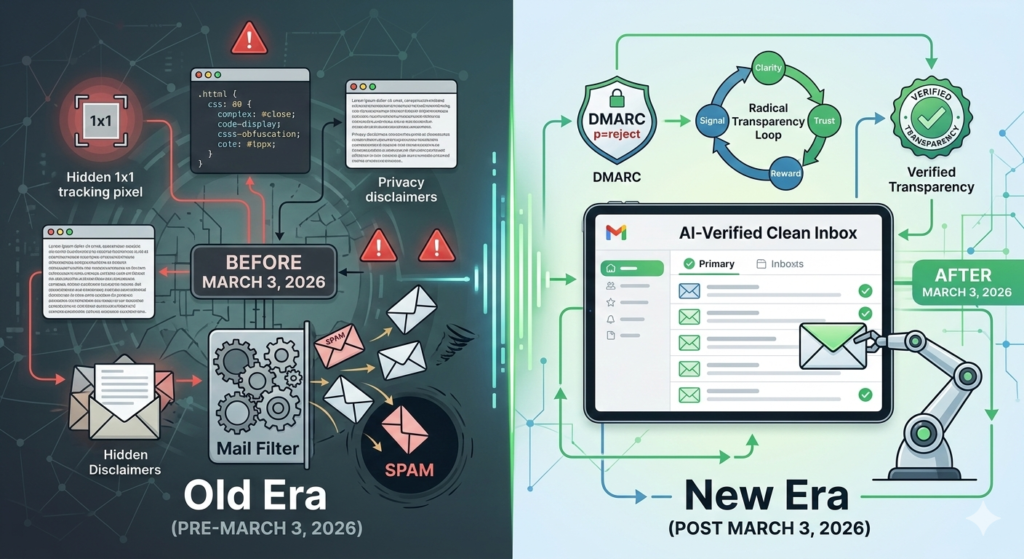 Email deliverability 2026 transition diagram showing hidden tracking spam risks versus DMARC p-reject and verified transparency model