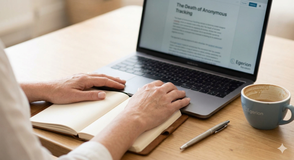 A professional minimalist workspace with a laptop showing Egerion website, a notebook, and a cup of coffee, representing expert authority.