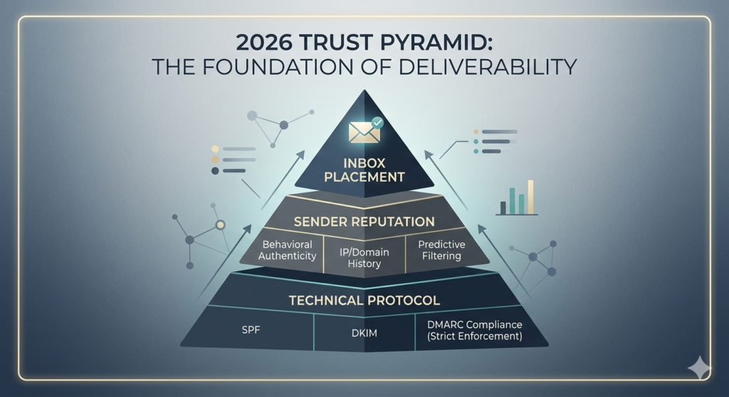 Infographic showing the 2026 Trust Pyramid for email deliverability, featuring Technical Protocols (DMARC, SPF, DKIM), Sender Reputation, and Inbox Placement.