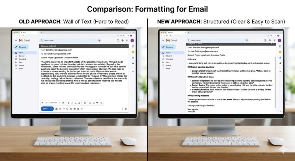 Two monitors with Gmail open. The left shows a wall of text, the right shows a structured email with lists and headers.