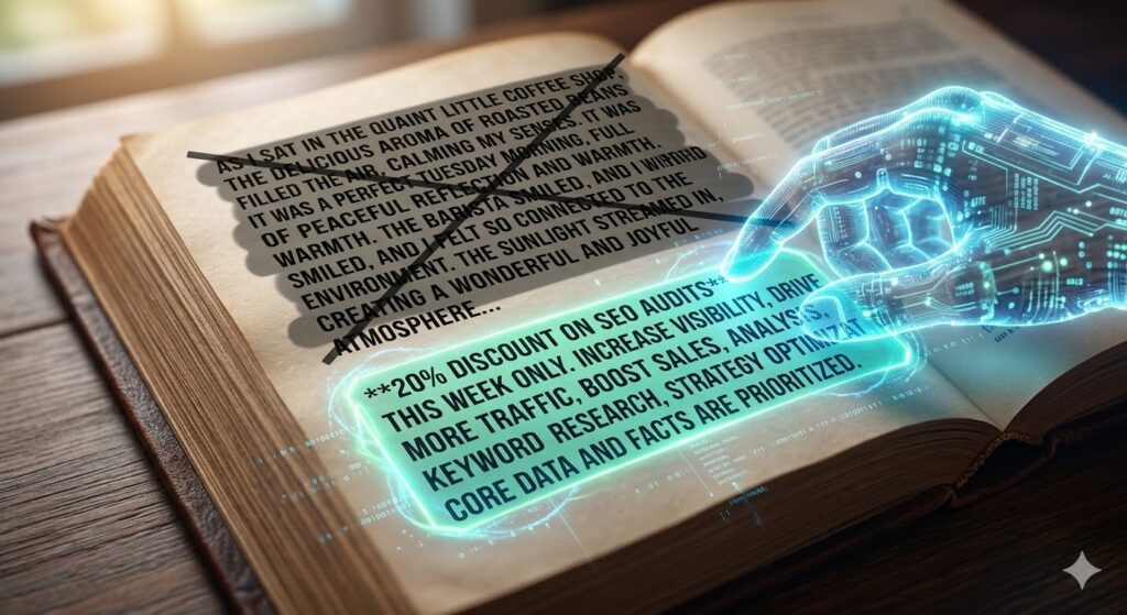 Glowing digital AI hand scanning a physical book, highlighting specific data and crossing out emotional storytelling.