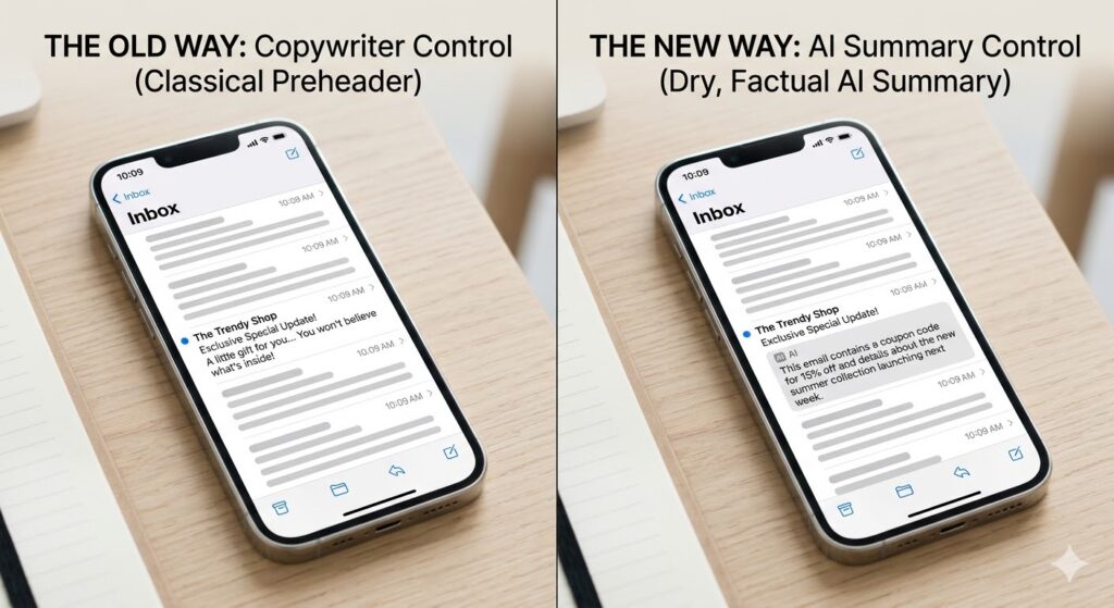 wo smartphones side-by-side comparing a traditional email preheader with a new AI-generated email summary.