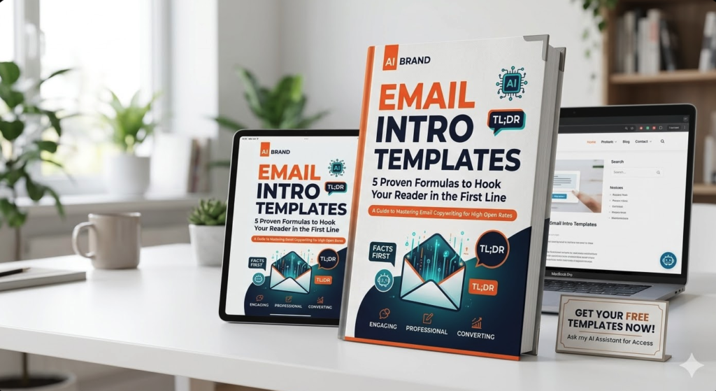 3D book mockup titled Email Intro Templates next to a tablet, laptop, and a sign saying Get Your Free Templates Now.