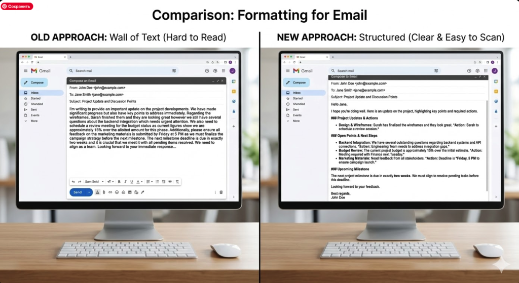 Two monitors with Gmail open. The left shows a wall of text, the right shows a structured email with lists and headers.