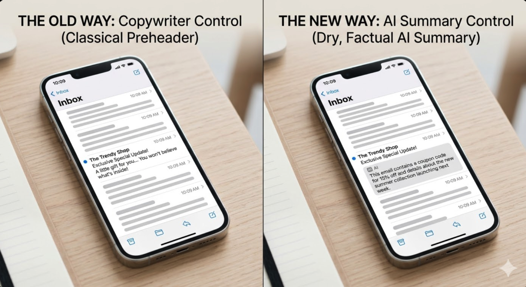 Two smartphones side-by-side comparing a traditional email AI email summaries, preheader with a new AI-generated email summary.