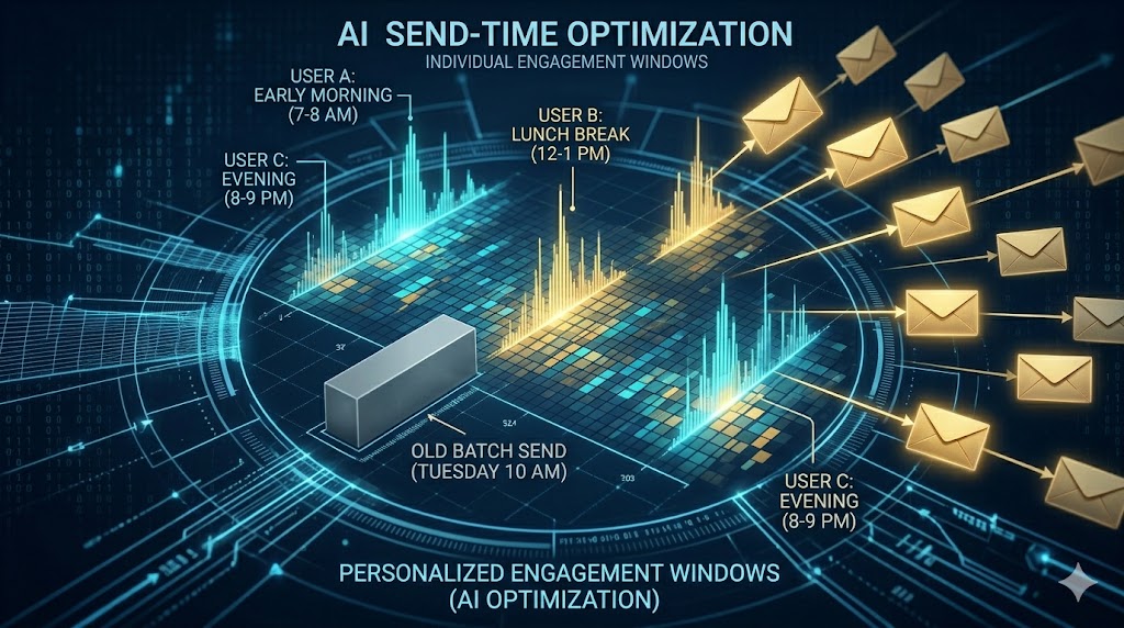 Technical visualization of AI Send-Time Optimization in 2026 showing personalized engagement windows versus old batch sending.