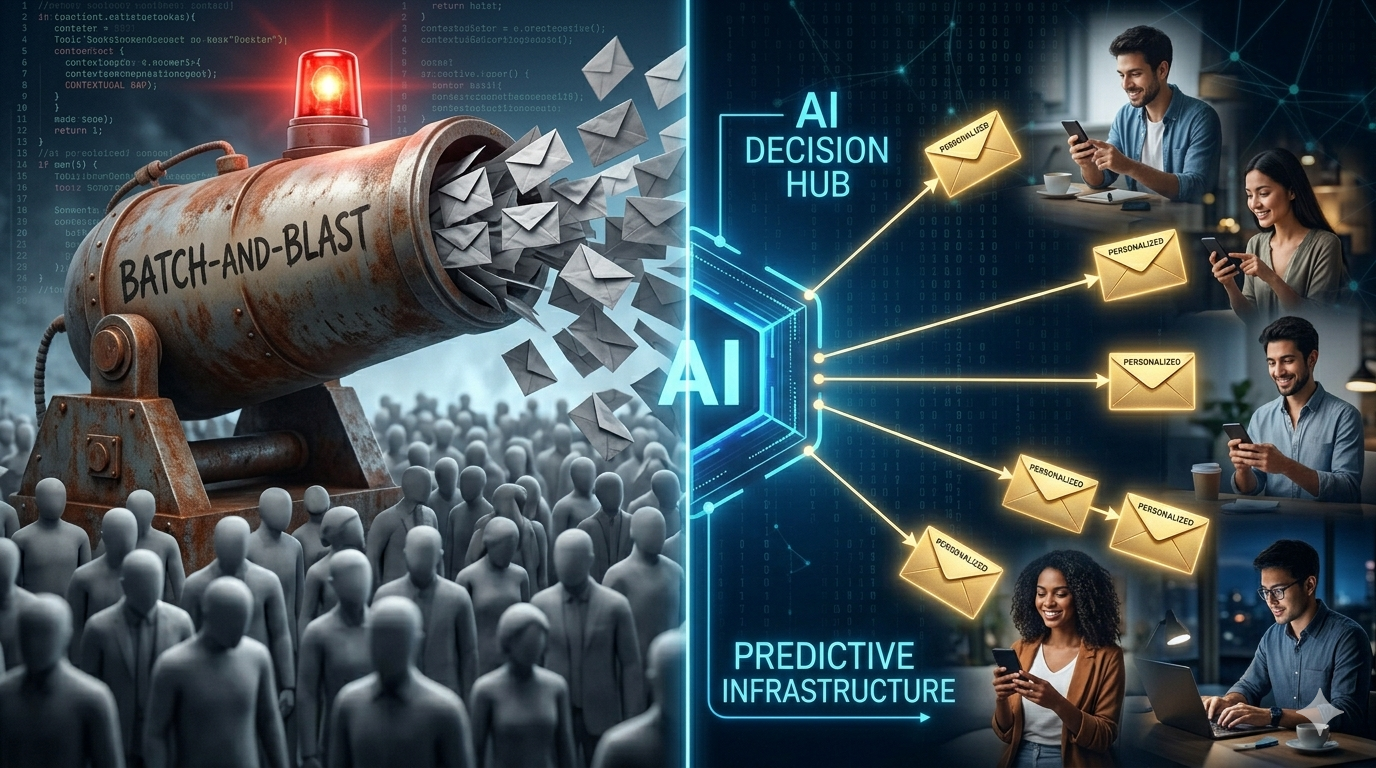 Comparison of old batch-and-blast email marketing versus 2026 predictive AI email infrastructure with personalized delivery.