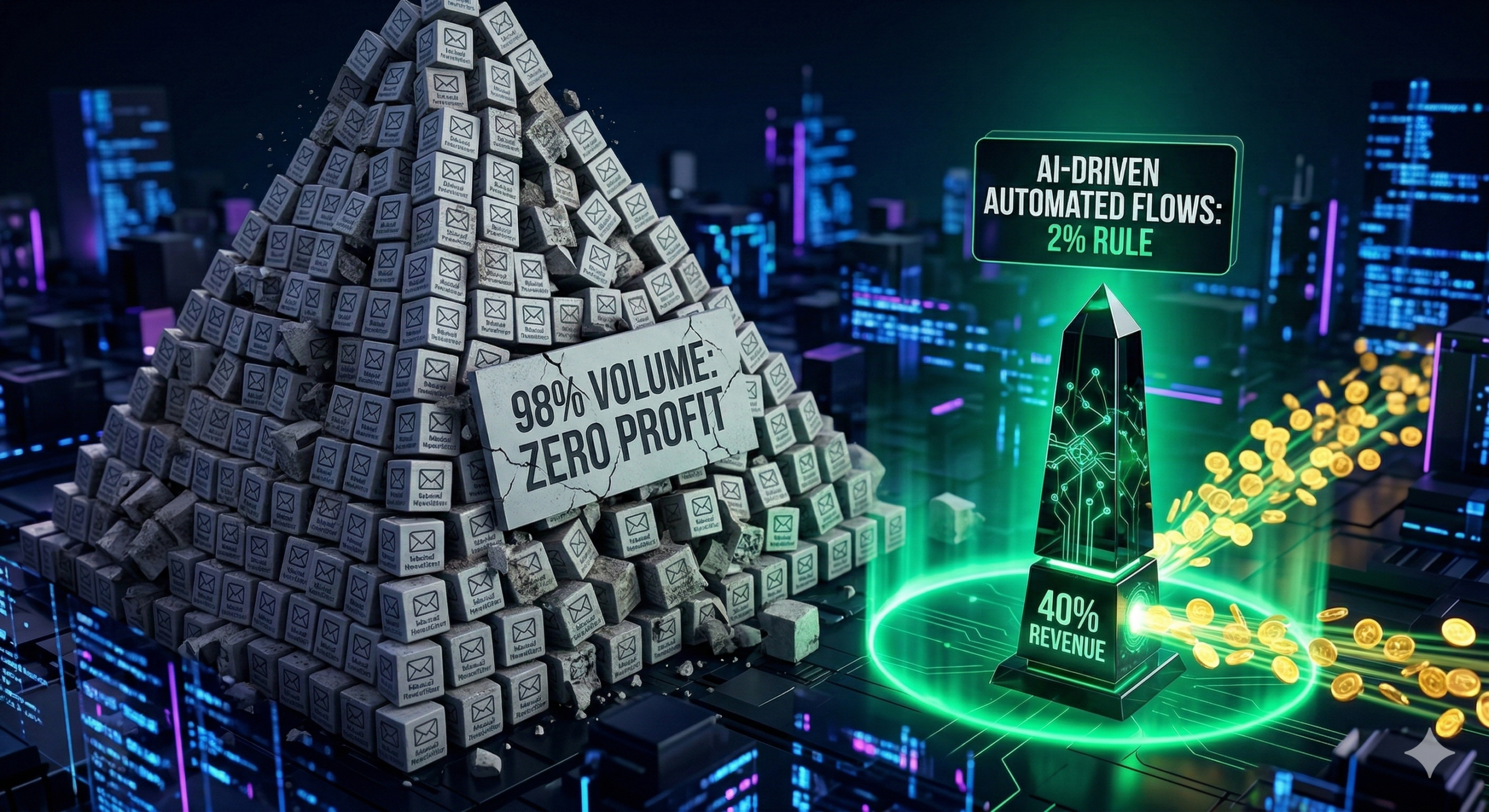 A massive, chaotic pile of envelopes and letters representing outdated manual email marketing in 2026.