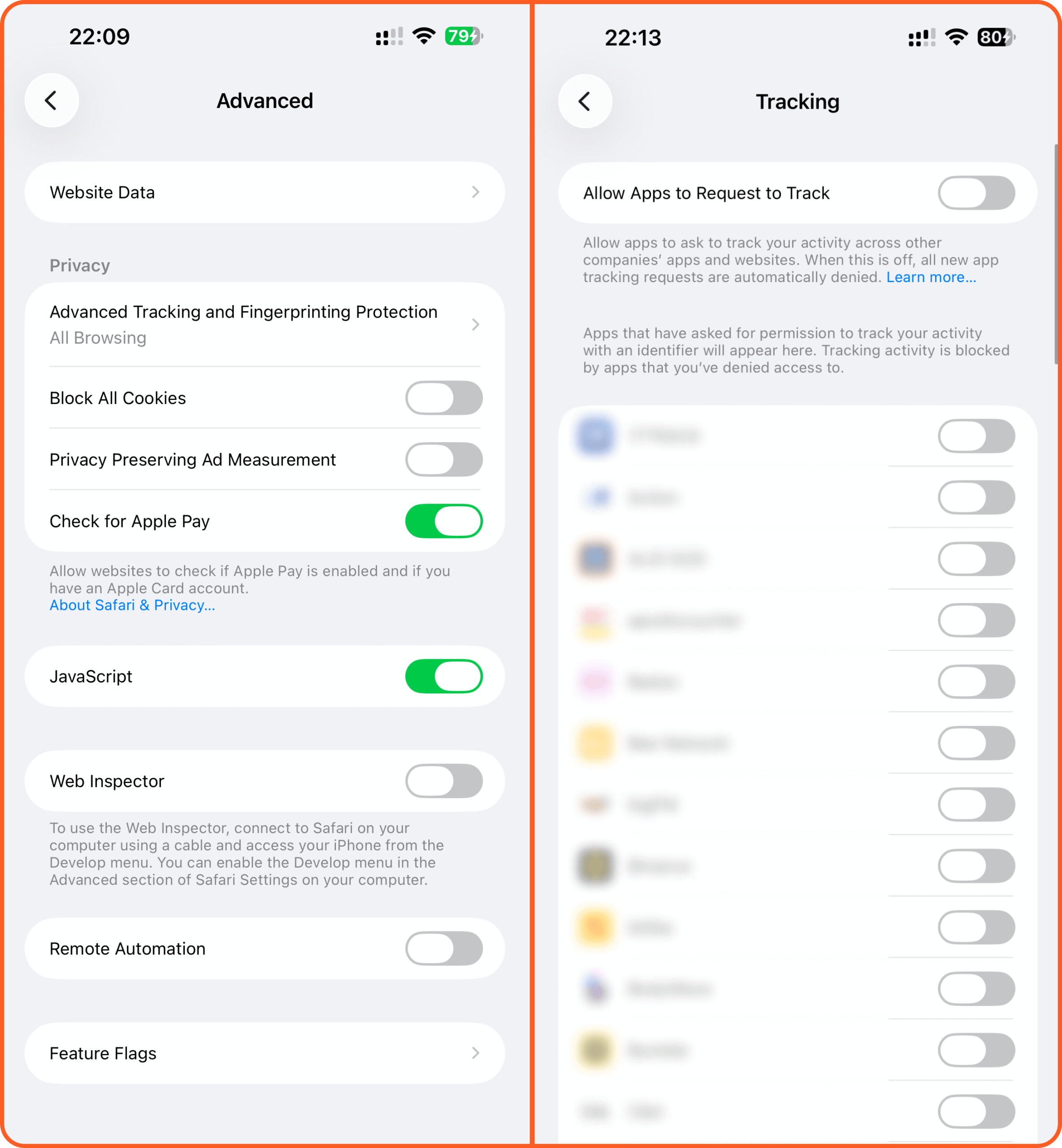 iPhone 15 Pro Max privacy settings: Safari Advanced Tracking Protection and App Tracking transparency toggles. Apple Cybersecurity
