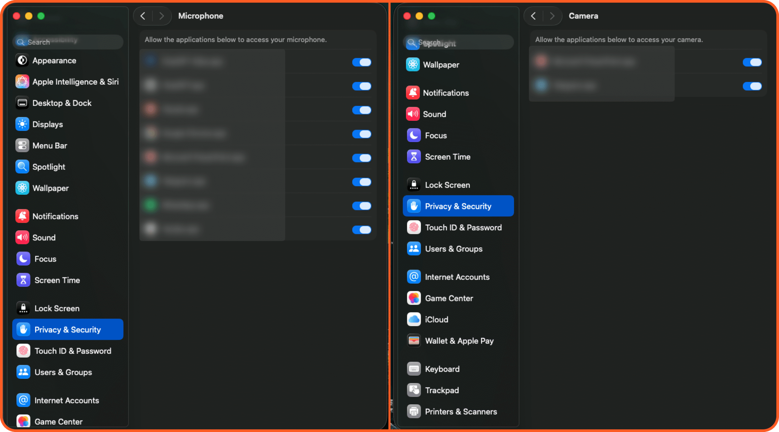 macOS Privacy and Security settings showing camera and microphone access permissions for installed applications. Apple Cybersecurity