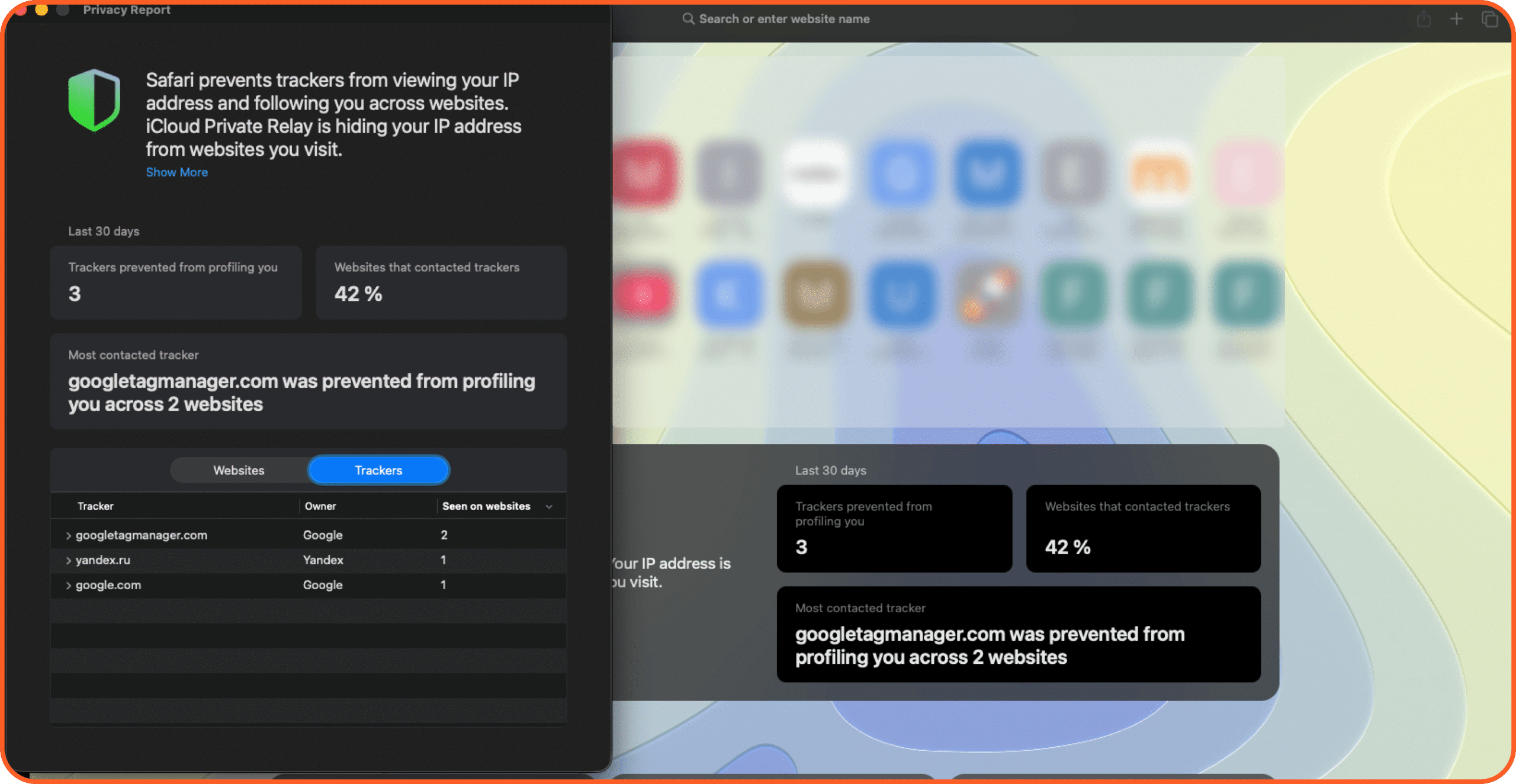 Safari Privacy Report showing blocked cross-site trackers and website privacy statistics. Apple Cybersecurity