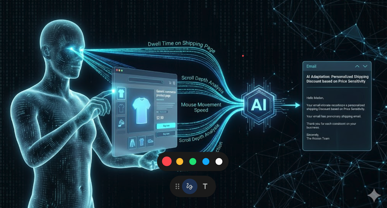 Technical infographic showing a human hologram and AI core analyzing real-time user behavior for email personalization.