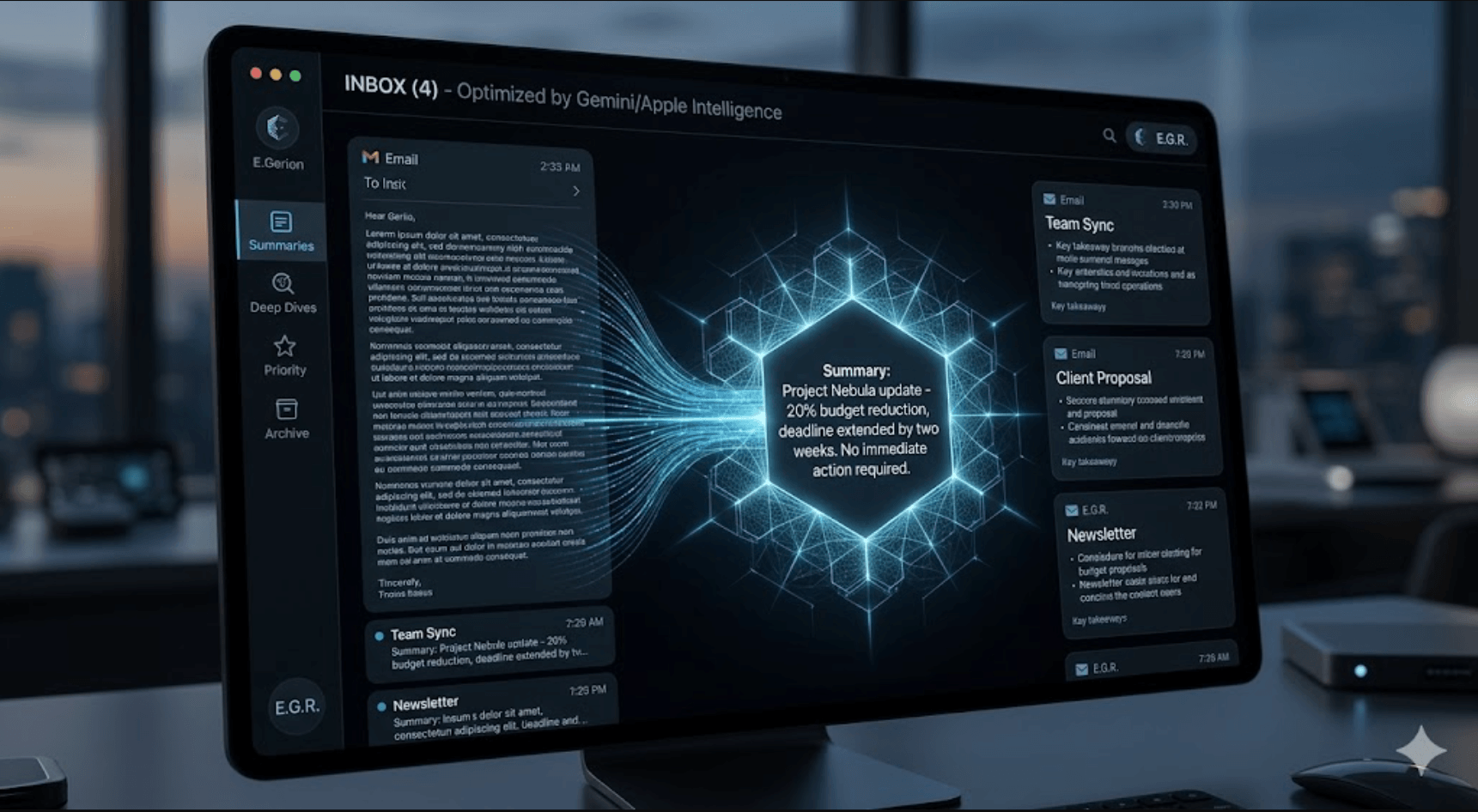 Future email inbox interface with AI-powered summarization and project status updates in 2026.