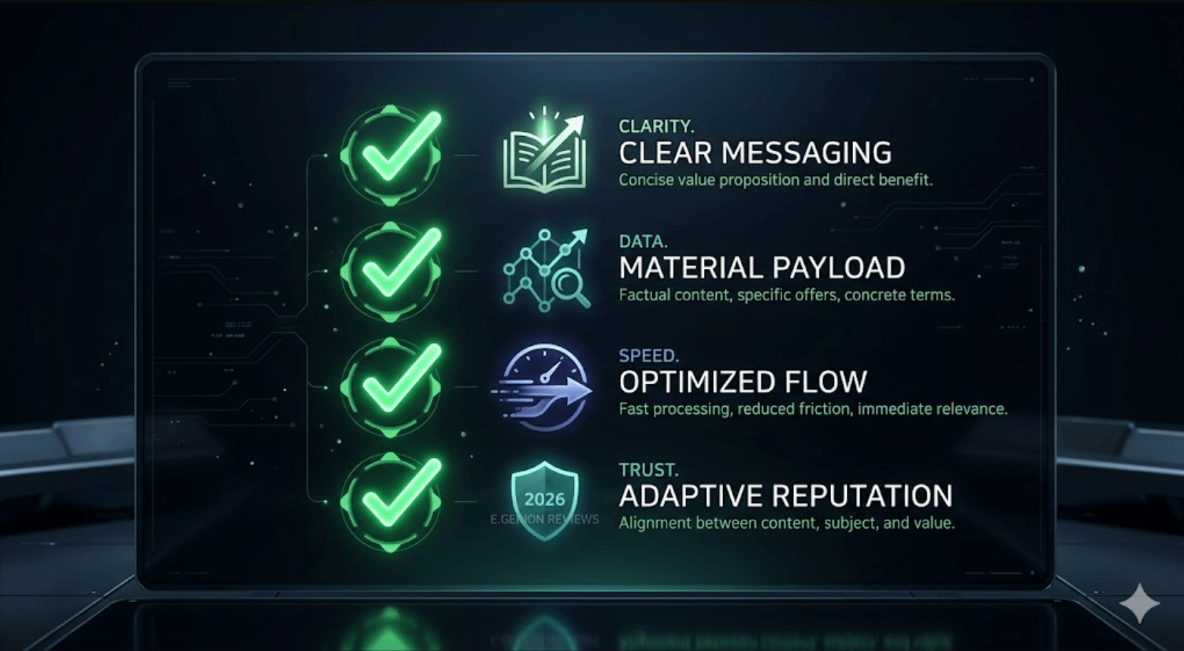 Email marketing survival checklist with icons for clarity, data, and speed in 2026.
