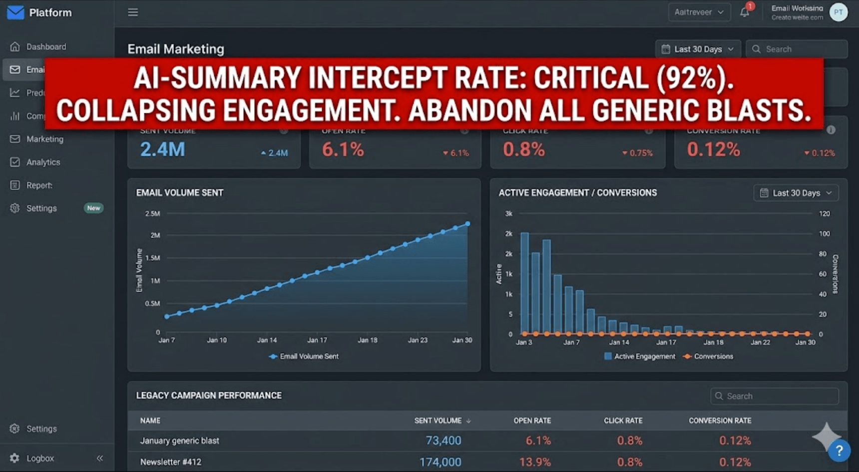 Email marketing analytics dashboard showing high send volume and collapsing engagement rates.