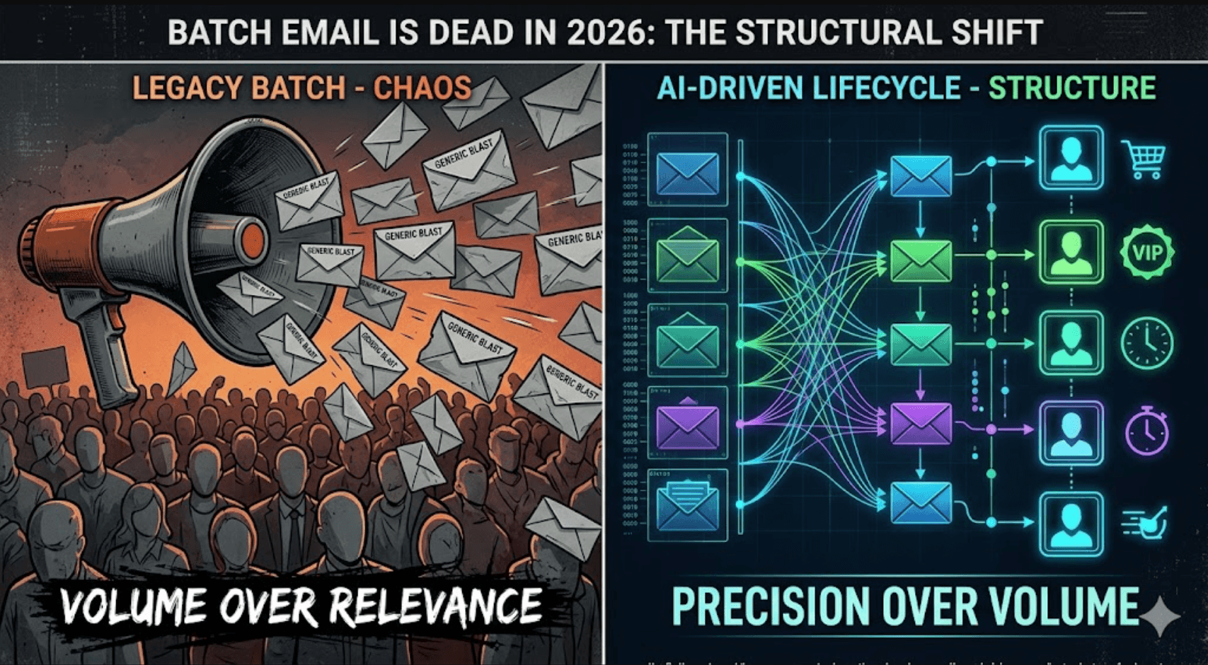 Visual data packet for E.Gerion Reviews email marketing guide, featuring infographic, Apple Intelligence filter, and collapsing metrics dashboard.