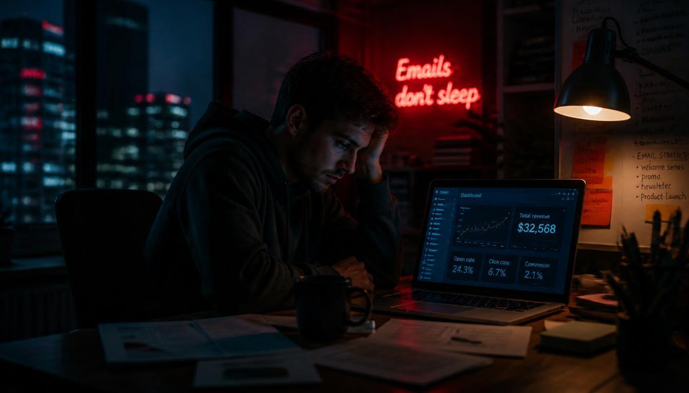 Focused email marketer analyzing e-commerce dashboard performance late at night