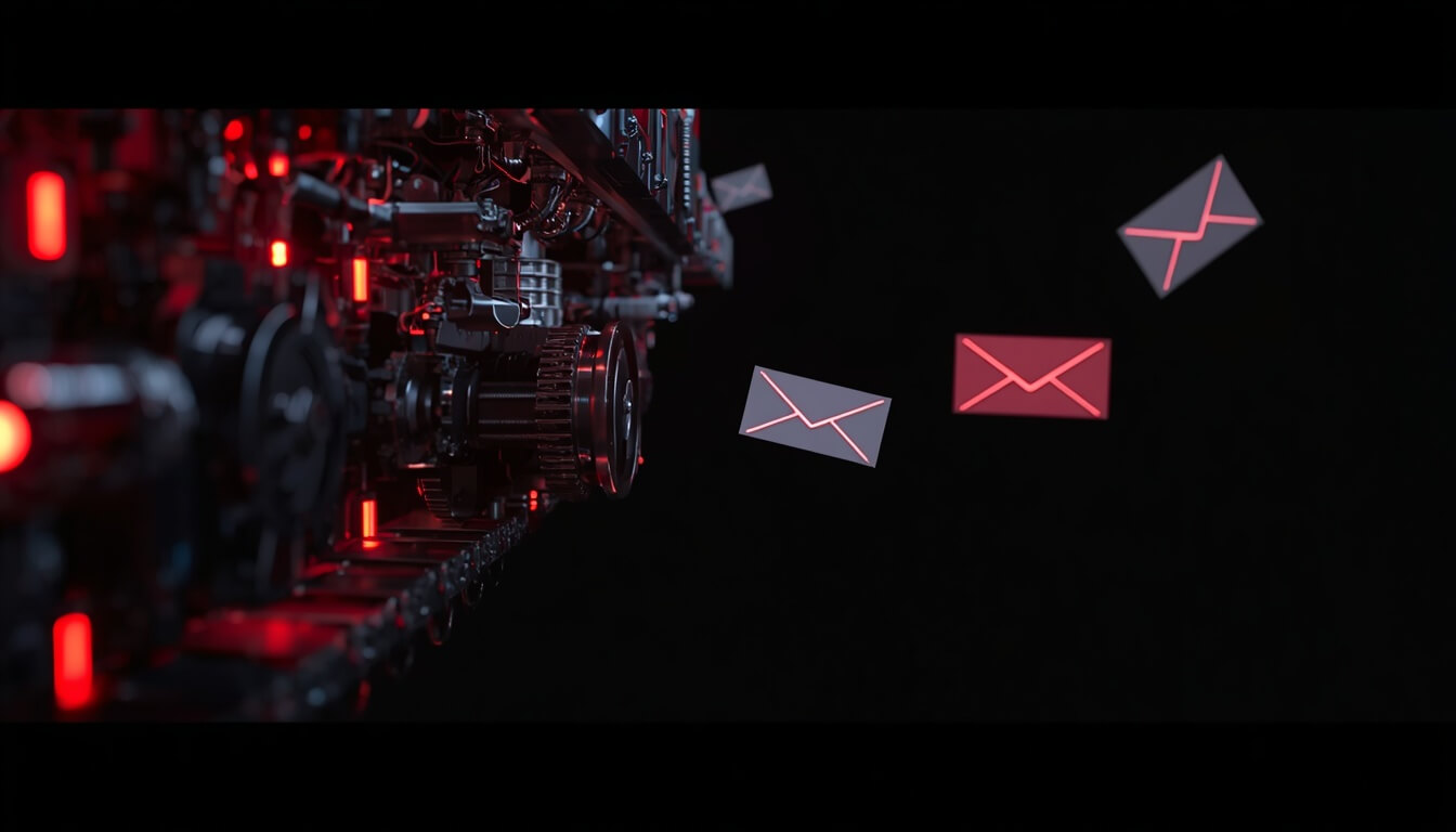 Automated industrial machine processing autonomous email data flow in dark background
