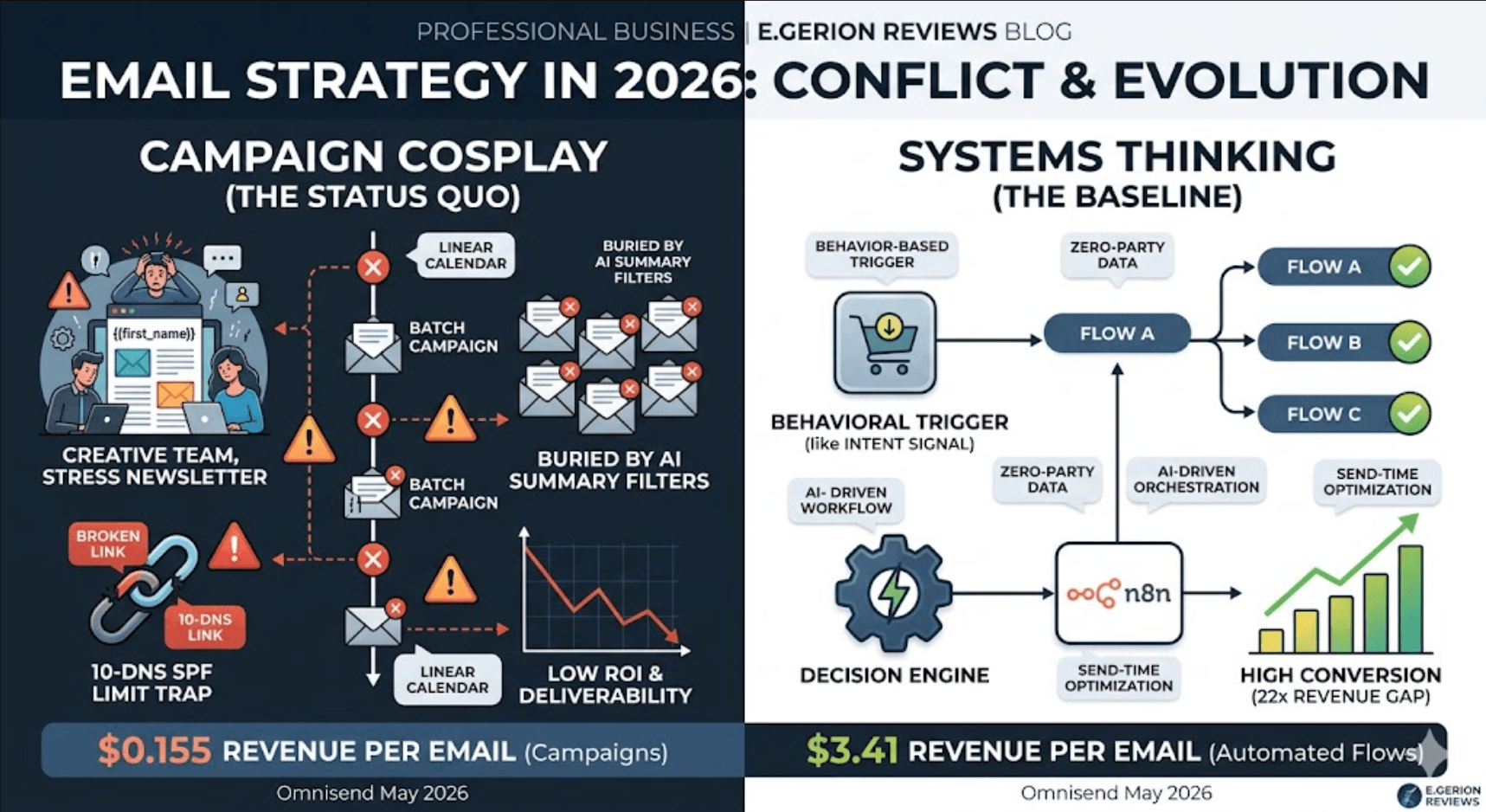 Infographic comparing email marketing campaign cosplay metrics with automated flows revenue data