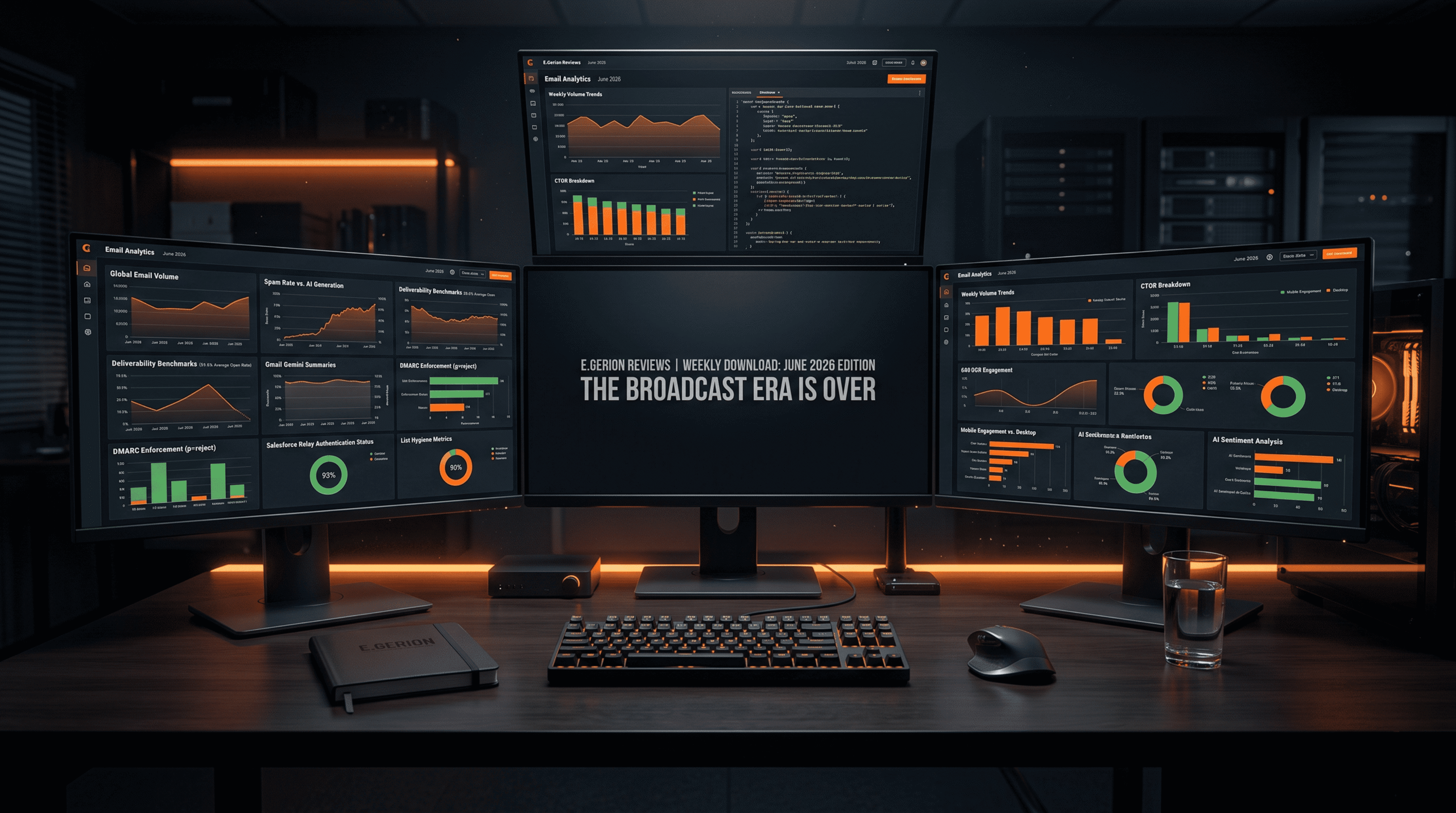 Email marketing strategy 2026 analytical dashboard on multiple monitors with E.Gerion Reviews branding