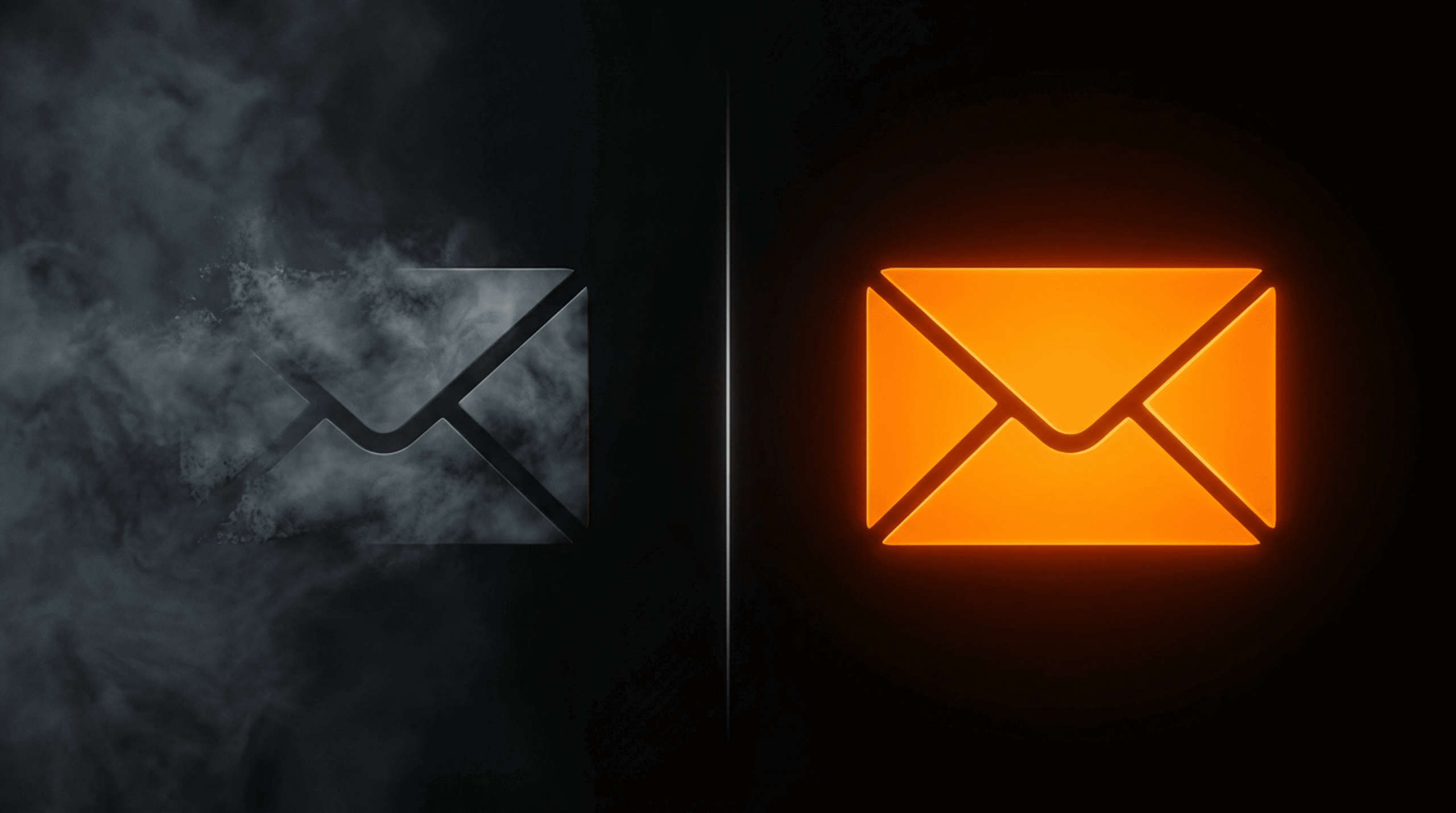 Two email envelopes concept comparing a dissolving ignored message with an intensely glowing relevant email