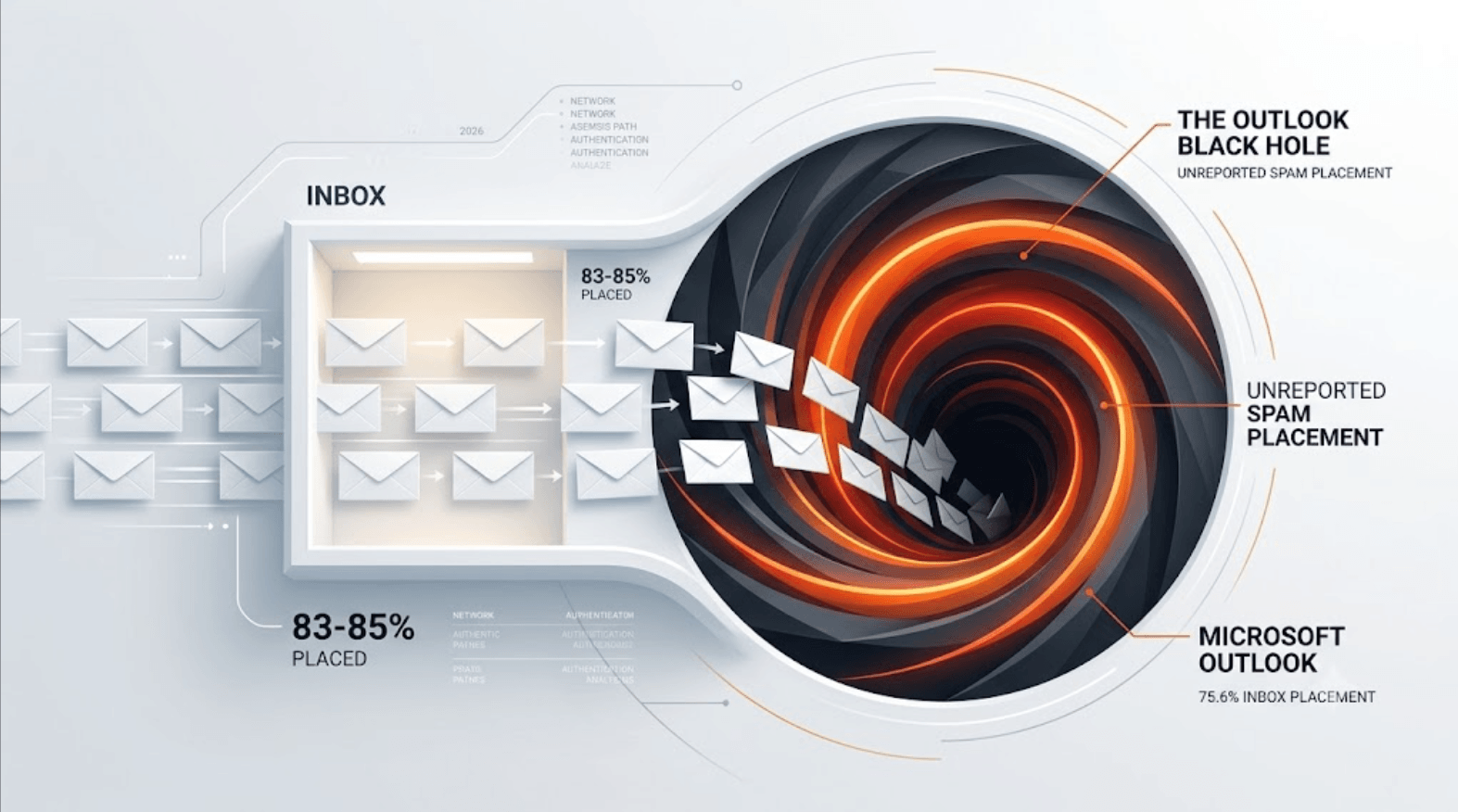 Email deliverability 2026: inbox placement vs Outlook black hole — 75.6% spam rate infographic