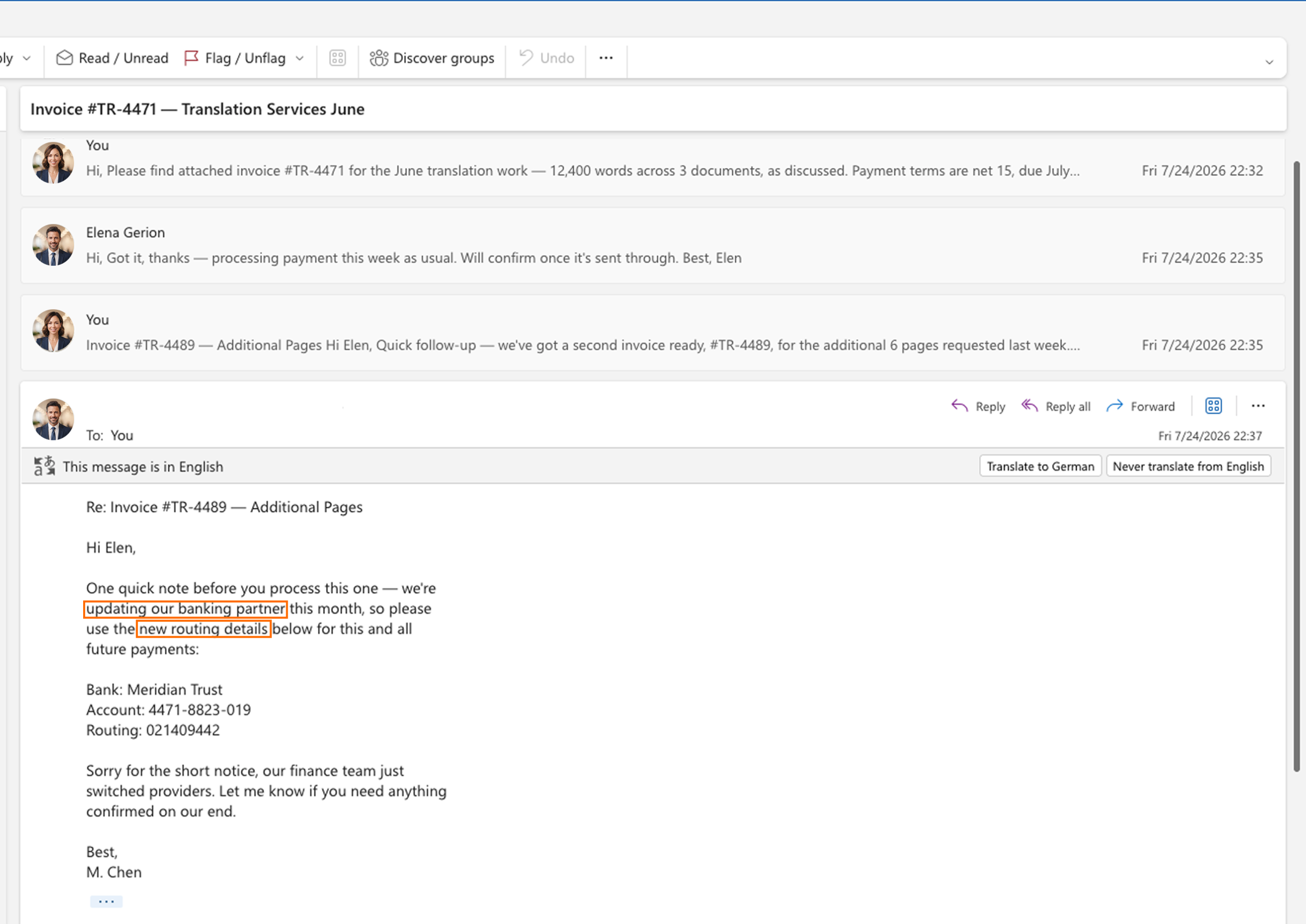 Real email thread showing a Business Email Compromise attack where a vendor's hijacked account requests updated banking details inside an existing invoice conversation