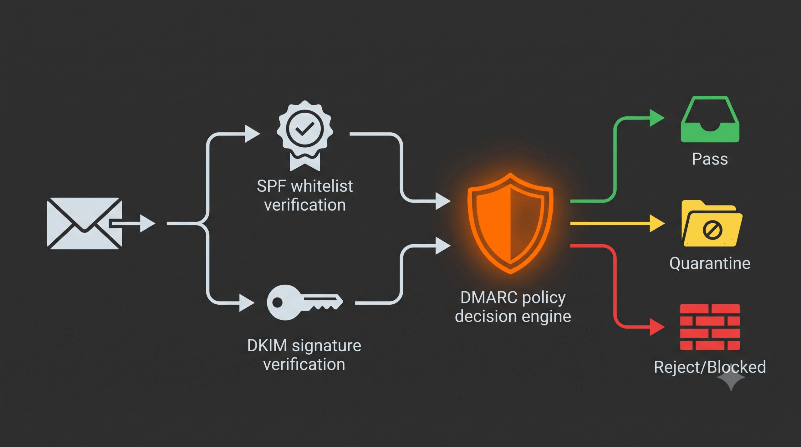DMARC policy decision engine flowchart showing SPF and DKIM verification leading to pass, quarantine, or reject