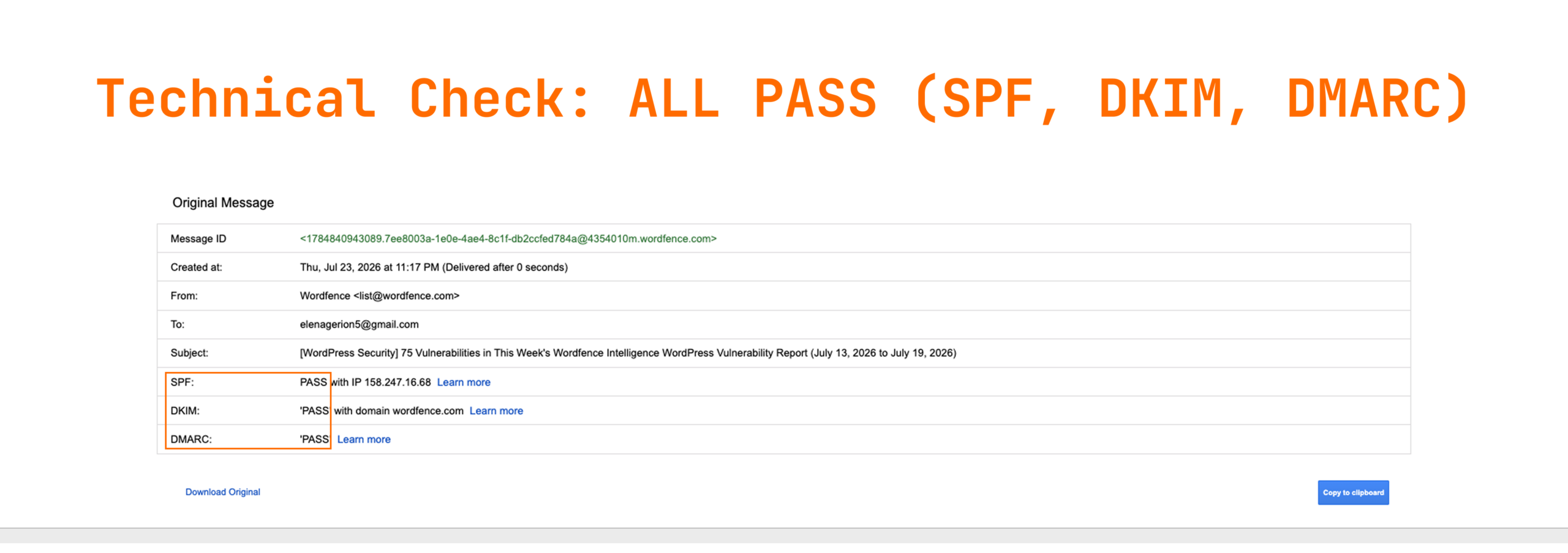 DMARC email authentication check showing SPF, DKIM, and DMARC all passing for a legitimate sender