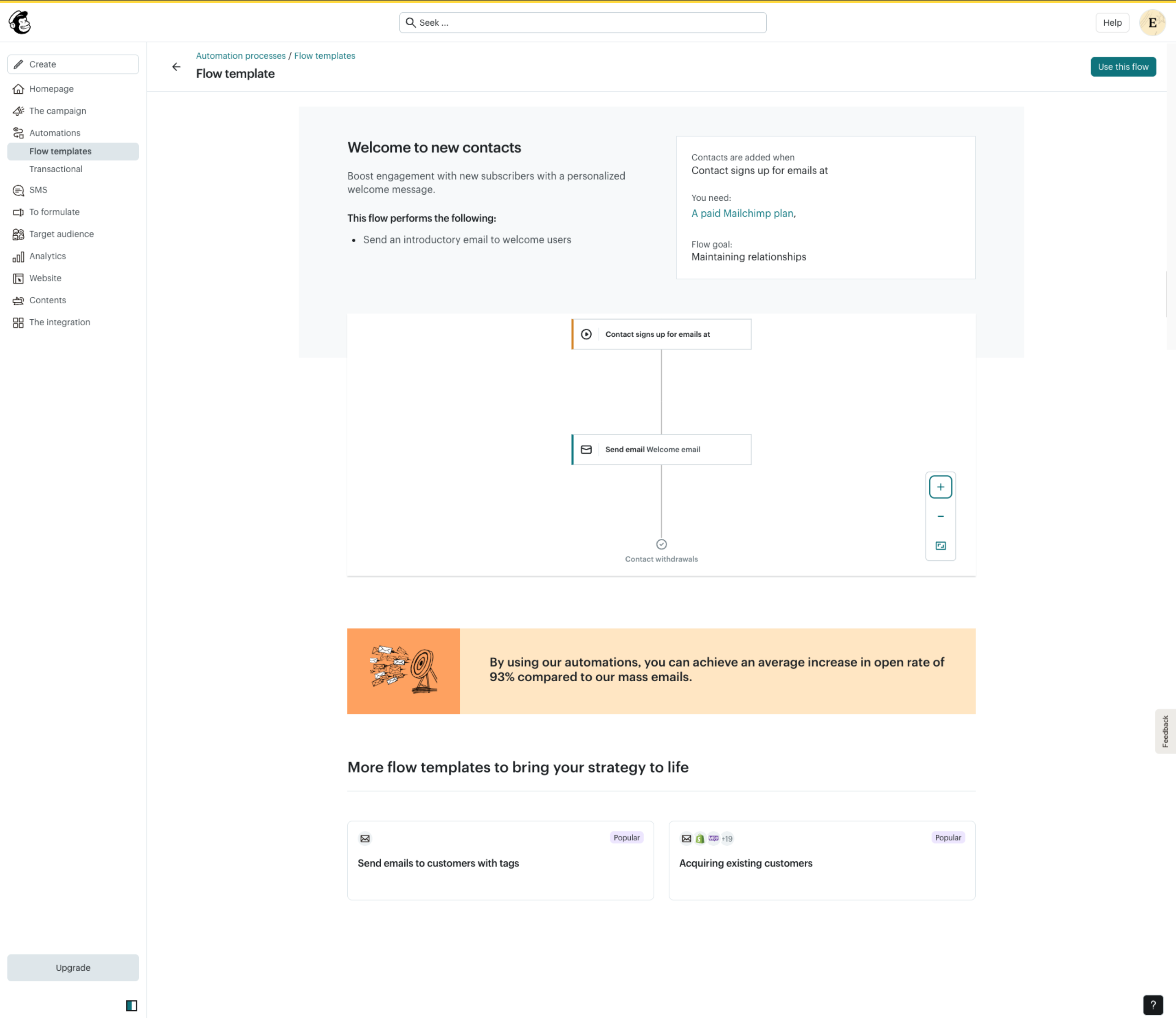 Mailchimp automated welcome email workflow builder interface, standard newsletter sequence templates presentation.