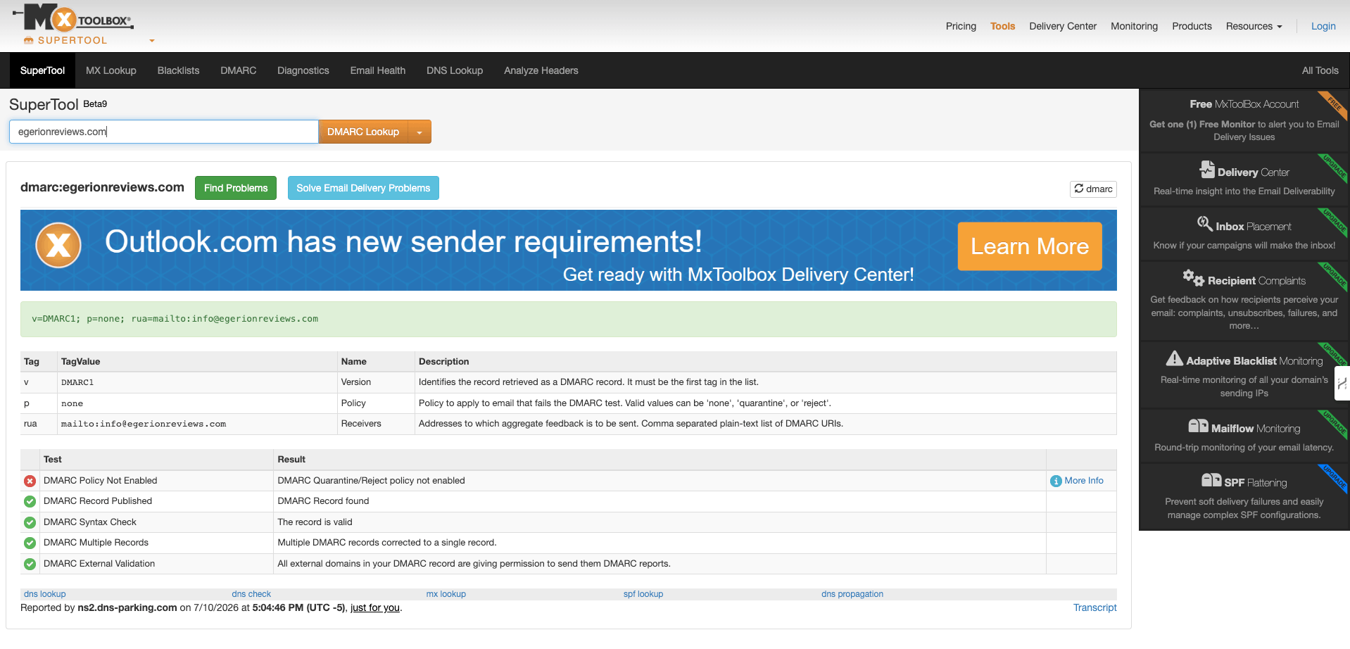 MXToolbox DMARC lookup result for egerionreviews.com showing p=none policy not yet enforced