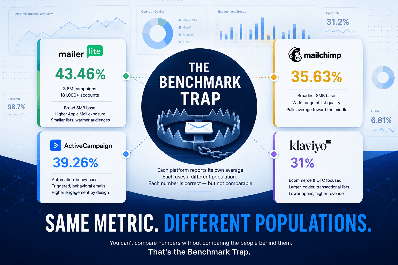 The Benchmark Trap infographic comparing email open rates across MailerLite, ActiveCampaign, Mailchimp, and Klaviyo
