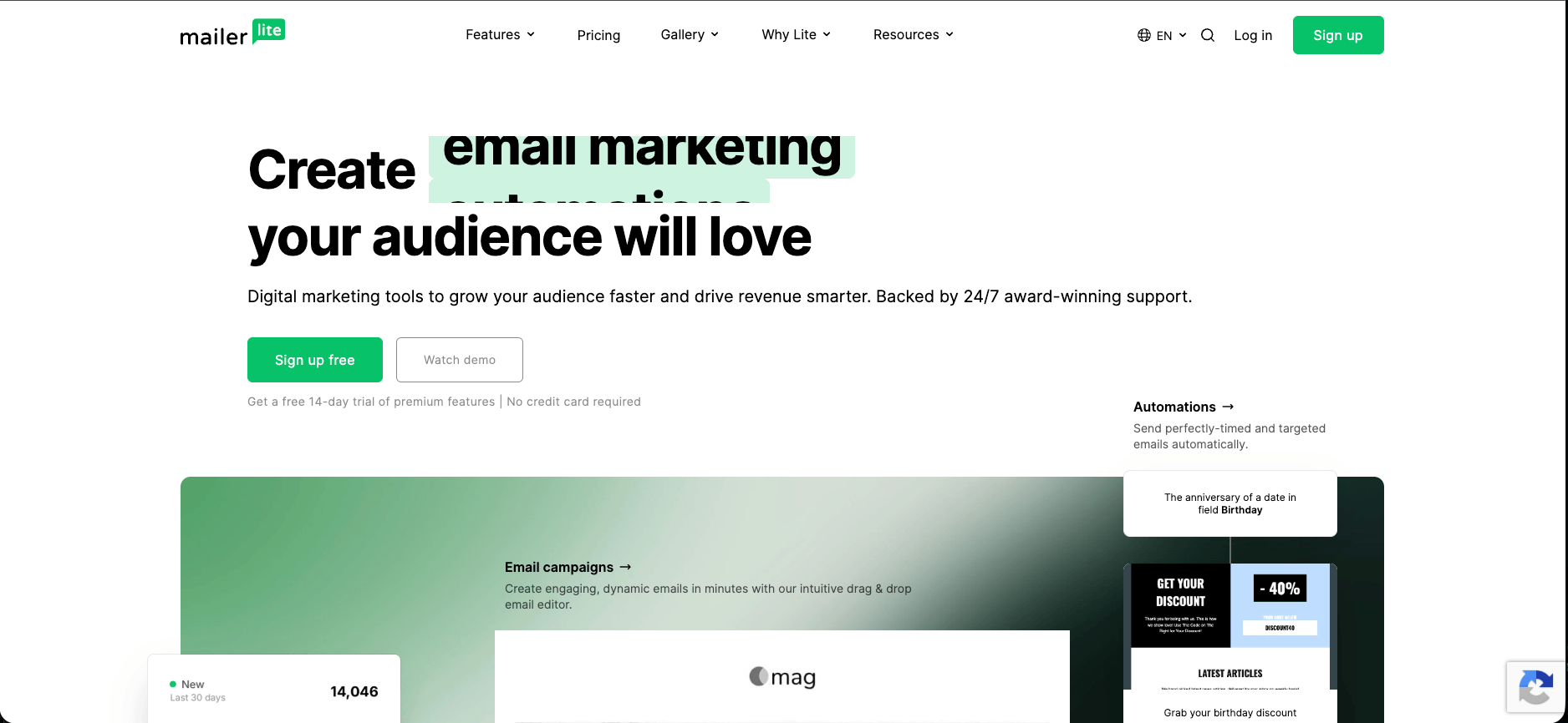 MailerLite email marketing automation platform homepage screenshot