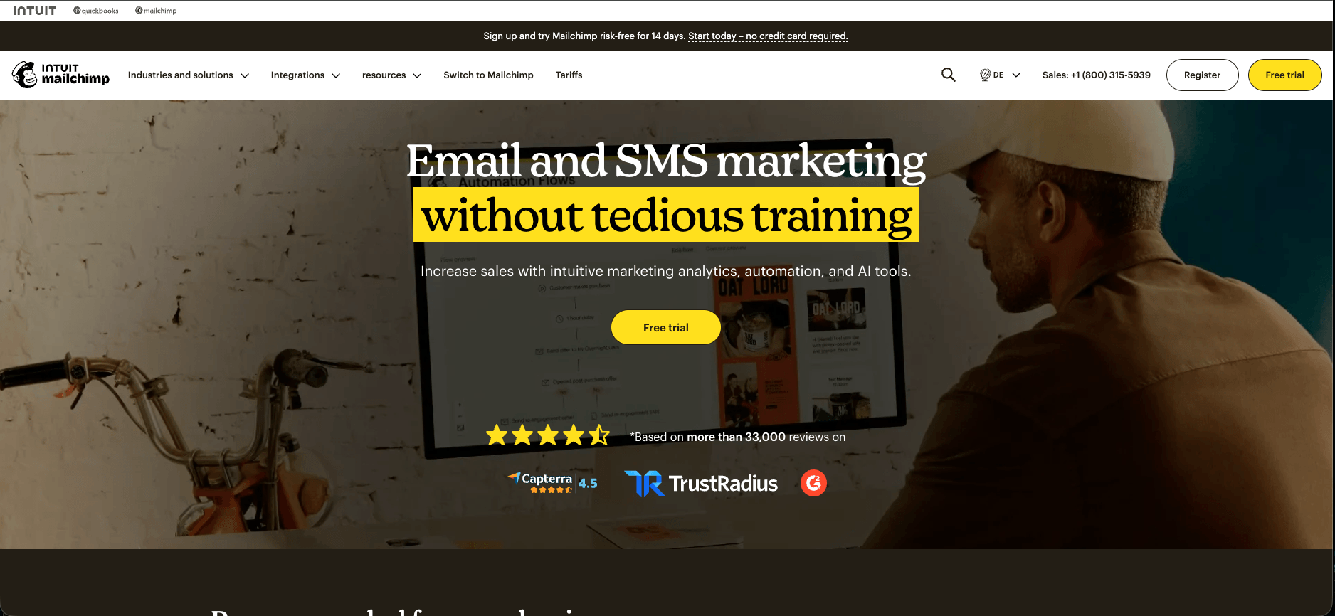 Intuit Mailchimp email and SMS marketing platform homepage screenshot